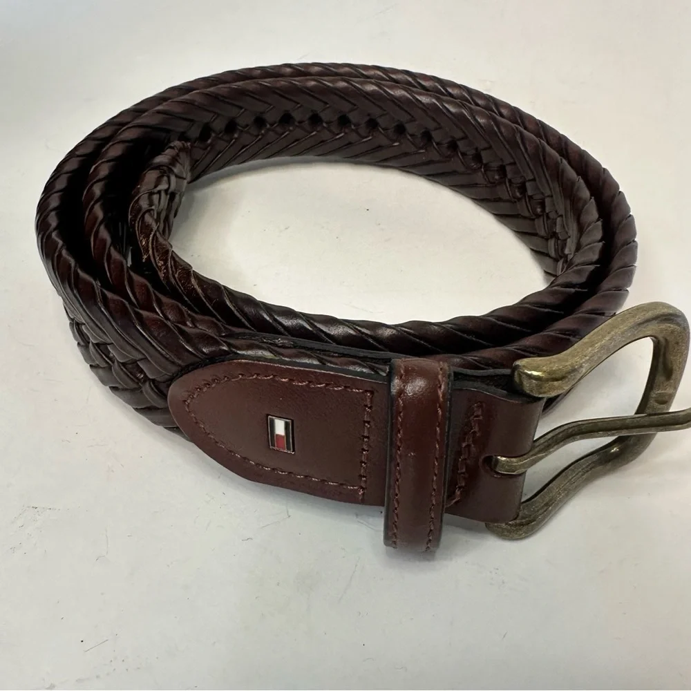 Tommy Hilfiger Logo Men's Leather Trim Braided Laced  Belt Brown 34 Brass Buckle